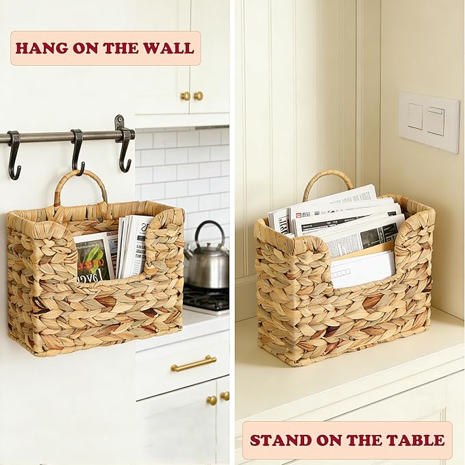 Hanging Magazine Basket, Woven Wall Magazine Holder Organizer with Handle for Mail, Files, Books - Water Hyacinth Farmhouse Storage Rack for Bathroom, Kitchen, Office