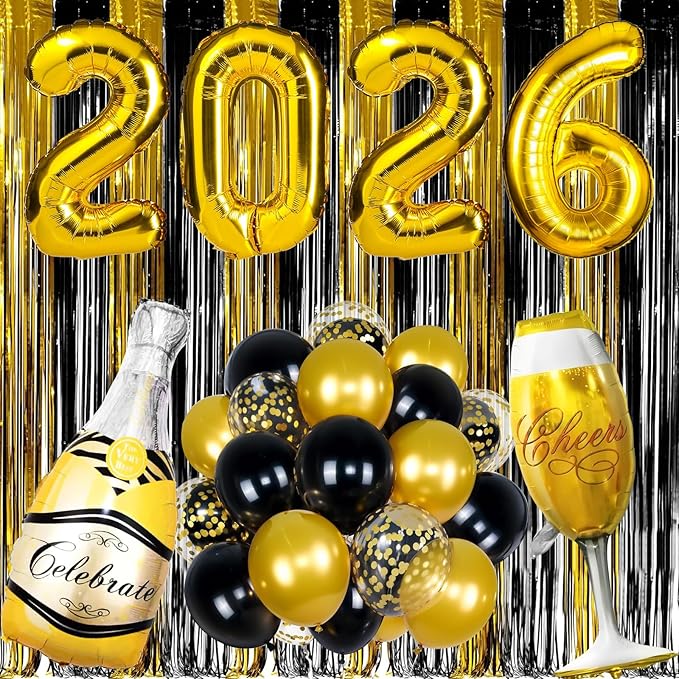2026 Happy New Years Party Decorations, Gold Black Foil Fringe Curtains Number 2026 Party Balloons for New Year Photo Props, 2026 New Year's Eve Party Supplies，Graduation School Decor