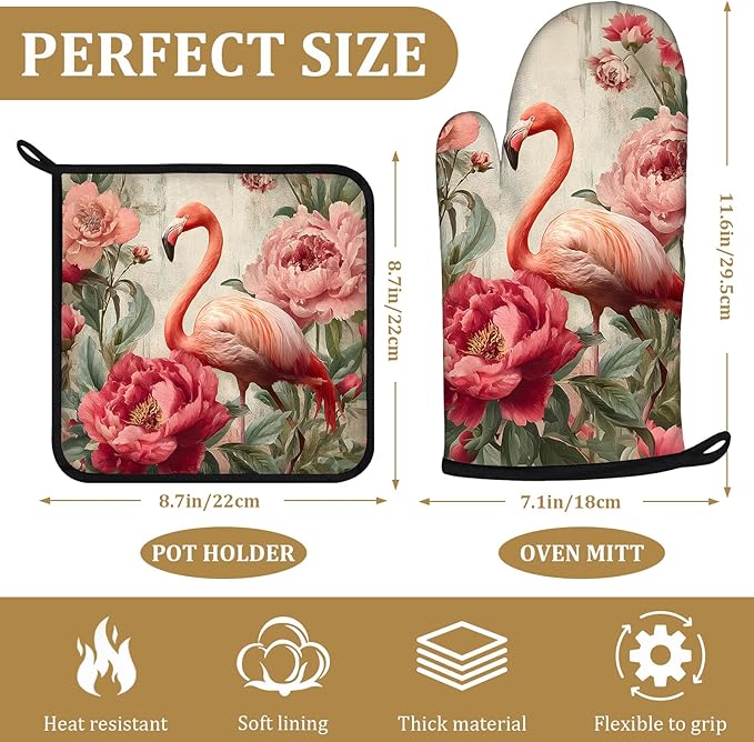 Pink Flamingo Floral Oven Mitts and Pot Holders Sets 4Pcs Vintage Animal Silicone Kitchen Gloves Heat Resistant Potholders for Baking Cooking Grilling BBQ