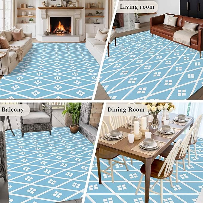 Area Rug 9x12ft, Boho Blue White Plaid Line Washable Rugs for Living Room Bedroom Rectangle Floor Carpet, Abstract Geometric Diamond Soft Non-Slip Area Rugs for Dining Room
