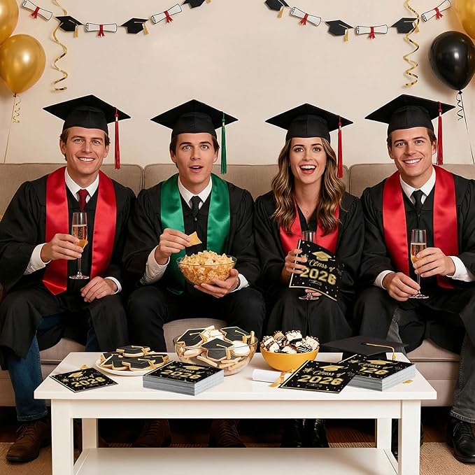 50 Pcs Graduation Napkins Decorations - Black Gold Class of 2026 Congrats GRAD 3-Ply Paper Cocktail Dinner Napkins Set for 2026 Graduation Party Supplies Table Decor Favors, 6.5 x 6.5 Inch