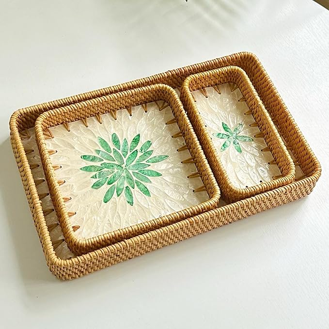 i-lan Set of 3 15" Rectangular Rattan and Mother of Pearl Serving Tray, Green Leaf Pattern Decorative,Boho Rectangule Natural Rattan Woven Trays for Entryway Kitchen Bathroom Counter