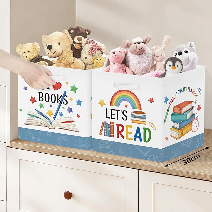 Clastyle Education Storage Cube Organizer Set Handle Closet Clothes Cube with Metal Frame Foldable Parents Organizer Storage Basket for Book Toy,Rainbow Book,11.8x11.8x11.8 in