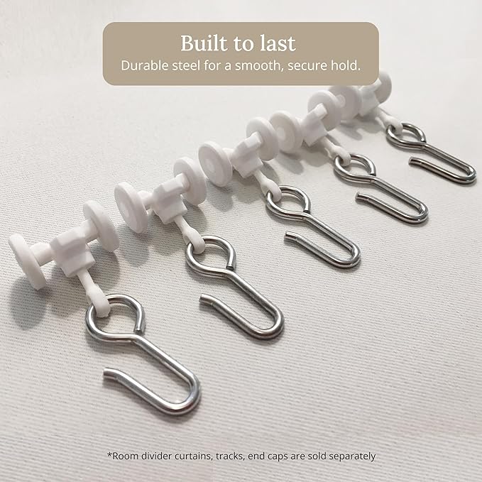 Room/Dividers/Now Curtain Track Hooks 20 Pack - Durable Ceiling Track Roller Hooks for Curtains - Smooth Glider Curtain Tracks Rollers for Dividers or Closet Use - White Plastic and Steel Construction