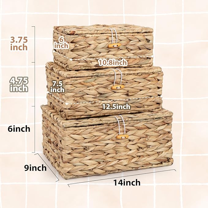 Handwoven Wicker Baskets Decorative Storage Boxes with Lids Set of 3, Natural Water Hyacinth, Nesting Organizer Boxes for Closet, Shelf, Home Decor