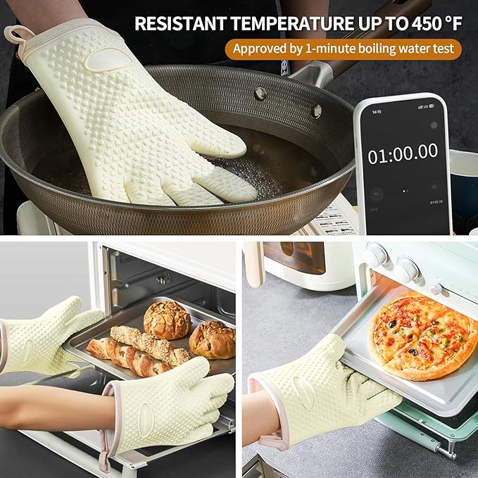 MAD SHARK Silicone Oven Mitts Heat Resistant 450°F,Waterproof & Non-Slip Oven Gloves with Fingers,Cotton Lined Silicone Oven Gloves Kitchen Mitts for Baking Cooking Barbecue,Women,Oven (White)