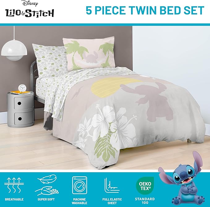 Jay Franco Disney Lilo and Stitch Twin Size Comforter Set - 5 Piece Bedding Includes Sheet Set & Pillow Covers - Super Soft Cozy Bedding