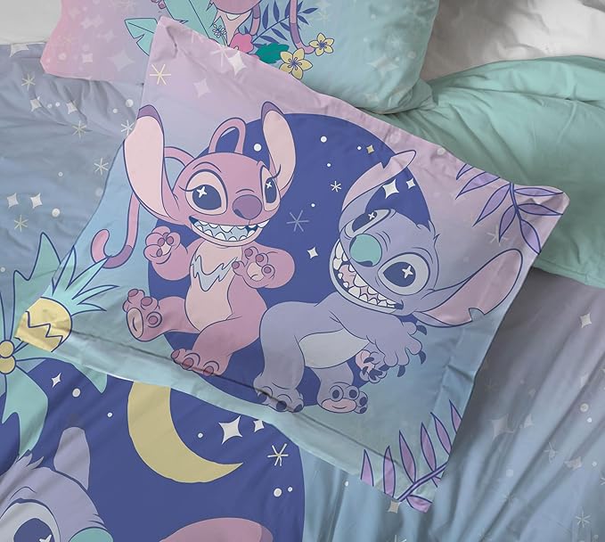 Jay Franco Disney Lilo and Stitch Twin Size Comforter Set - 5 Piece Floral Bedding Includes Sheet Set & Pillow Covers Features Angel - Super Soft Purple & Teal Stars Kids Bedding