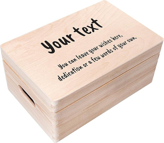 Creative Deco Personalized Wooden Storage Box Wish Text Box | 11.8x7.87x5.51in (+-0.5) | Mutiple Choice | Personalised Text | Hinged Lid Handles & Engraving | UNSANDED Keepsake Memory Souvenir