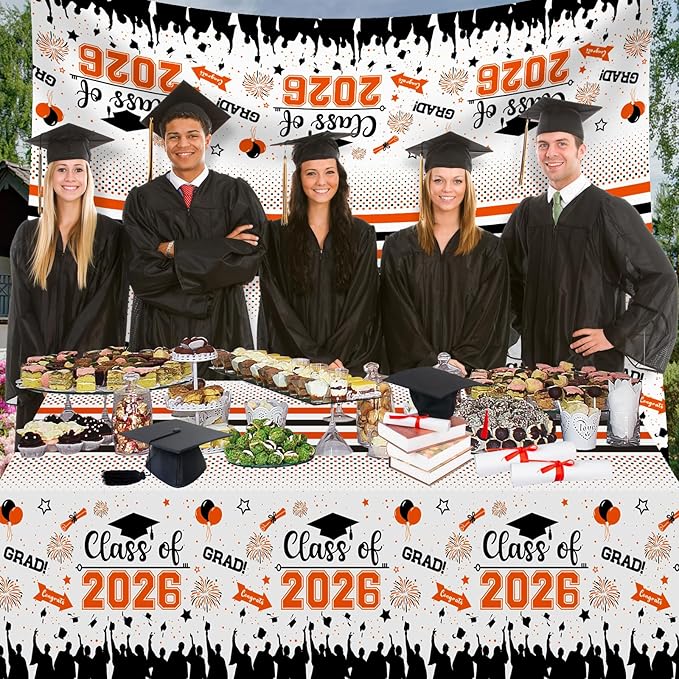 Graduation Decorations Class of 2026 Tablecloth - 3 Pcs Plastic Congrats Grad Table Cloth, Graduation Table Cover for Graduations Party Decorations 2026 and Party Supplies, 54"x108" (Orange and Black)