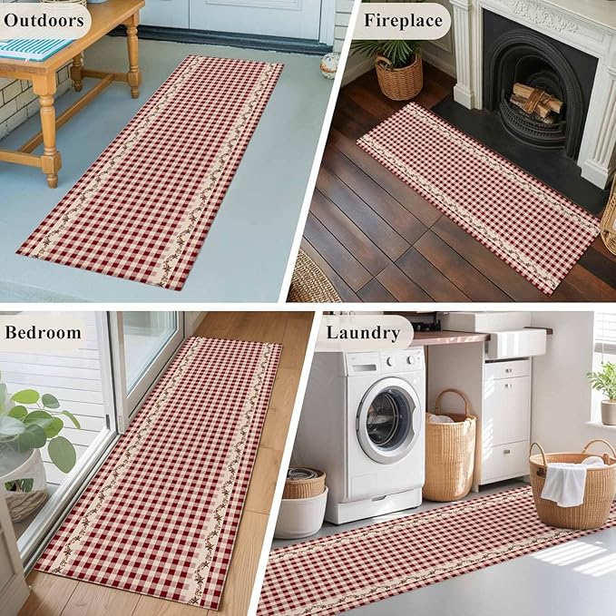 Runner Rug for Bedroom Hallway, Vintage Red Buffalo Plaid Berry Kitchen Runner Rugs Area Rug 2x6ft, Farmhouse Western Star Washable Soft Floor Carpet for Entryway Stair