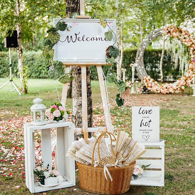 AceOrbit Wedding Fans Storage Basket with Handle " Love Can Be Hot Please Take a Fan" Table Sign Handwoven Natural Wicker Rattan Storage Basket for Organizing Bridal Shower Wedding Fans for Guests