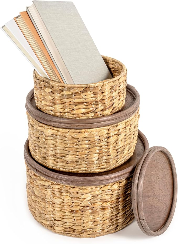 happimess BSK1004A-3SET Gouda Southwestern Hand-Woven Hyacinth Circular Nesting Wicker Storage Baskets with Wood Lids, Seagrass Container for Decoration in Bathroom, Bedroom, Closet,Natural (Set of 3)