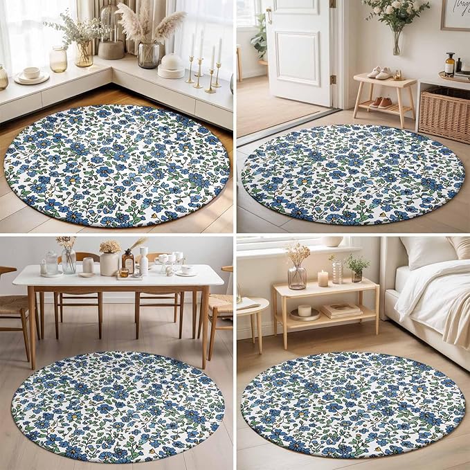 Washable Round Area Rug Blue Tiny Flowers Green Leaves Circle Rugs Floor Carpet for Living Room Bedroom, Farmhouse Botanical Soft Non Slip Round Rug 5ft