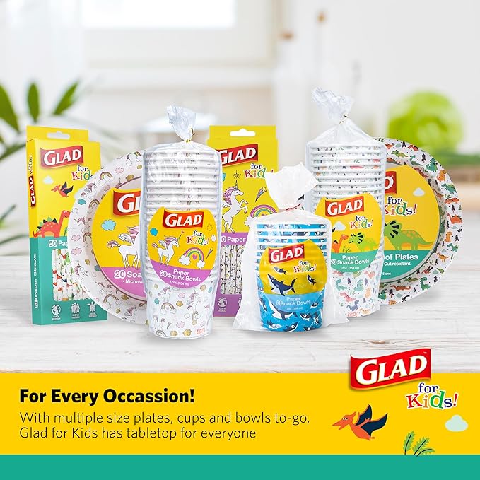 Glad for Kids Dinosaurs Paper Snack Bowls, Colorful Heavy Duty Microwave Safe Disposable Bowls for Soup, Ice Cream, and Snacks, Lids Not Included, Multicolor, Party Pack, 12 Oz, 20 Count