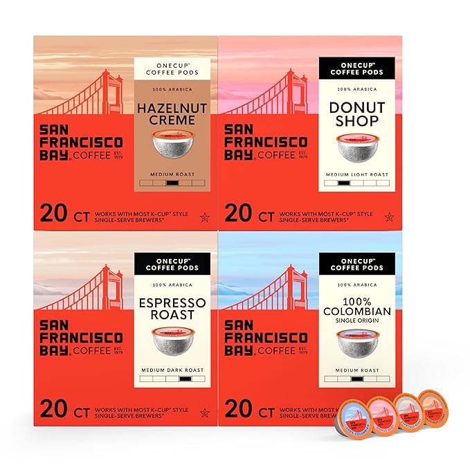 San Francisco Bay K-Cup Coffee Pods Distinct Assortment Variety Pack (80 ct), Includes 100% Colombian, Espresso Roast, Donut Shop, & Hazelnut Crème, Commercially Compostable Single-Serve Coffee Pods