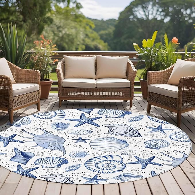 Washable Round Area Rug Navy Blue Starfish Conch Shell Seamless Circle Rugs Floor Carpet for Living Room Bedroom, Summer Ocean Bubbles Soft Non Slip Round Rug 5ft