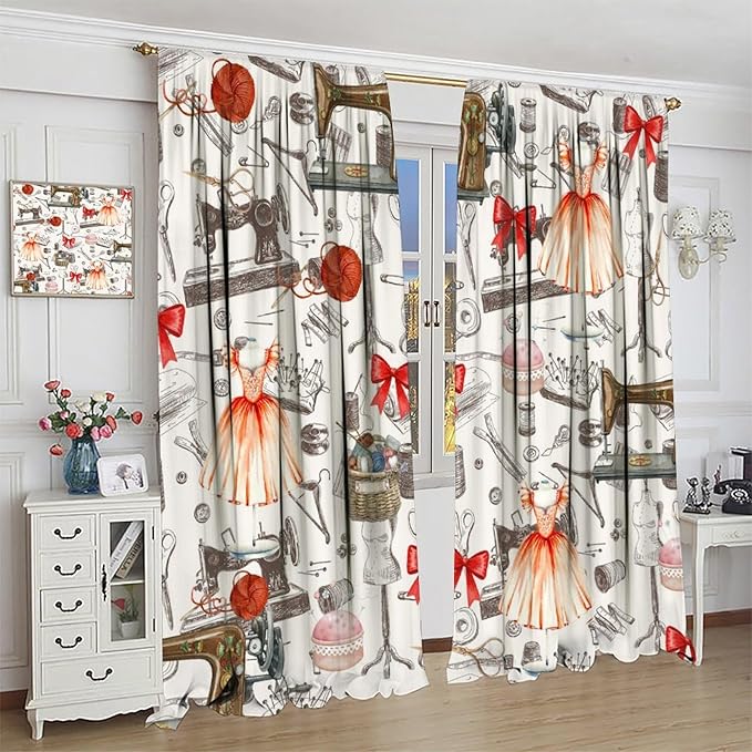 Sewing Machine Blackout Curtain,Vintage Retro Dress Bowknot Pattern Girls Women Window Curtains Dining Room Living Room Kitchen Cafe Bedroom Office Drapes,84x84 in