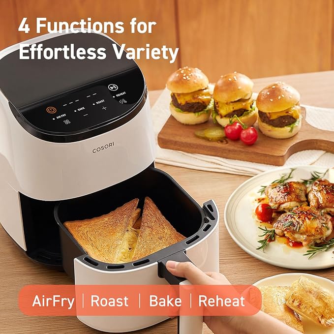 Cosori Small Air Fryer Oven 2.1 Qt, 4-in-1 Mini Airfryer, Bake, Roast, Reheat, Space-saving & Low-noise, Nonstick and Dishwasher Safe Basket, 30 In-App Recipes, Sticker with 6 Reference Guides, White