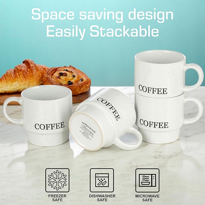 Signature Housewares Stackable Coffee Mug Tower Set with Metal Wire Rack - 15 Ounce Coffee Mugs for Coffee, Tea, Cocoa, Milk, Cappuccino, Hot Chocolate Set of 4 - White Coffee
