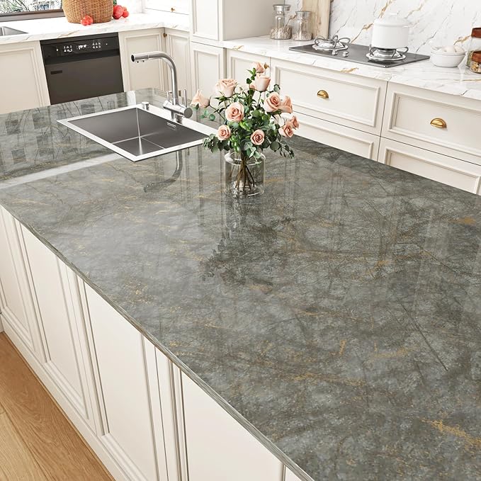 Livelynine Green Countertop Contact Paper for Countertops Peel and Stick Kitchen Wallpaper Dark Green Gold Marble Counter Top Vinyl Wrap for Cabinets Desk Covers Waterproof Bathroom Laminate 15.8x78.8