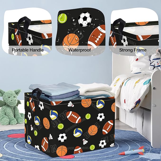 Sports Balls Baby Laundry Hamper Collapsible Clothes Kids Storage Basket Large Boys Gift Toy Box Bin for Play Room, Black, 36L