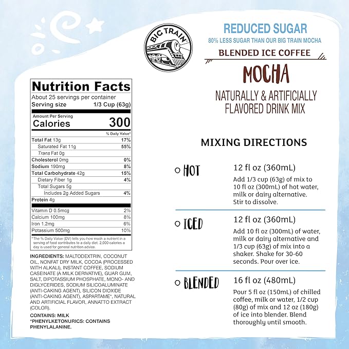 Big Train Reduced Sugar Mocha Blended Ice Coffee Beverage Mix, 3.5 Pound (Pack of 1)