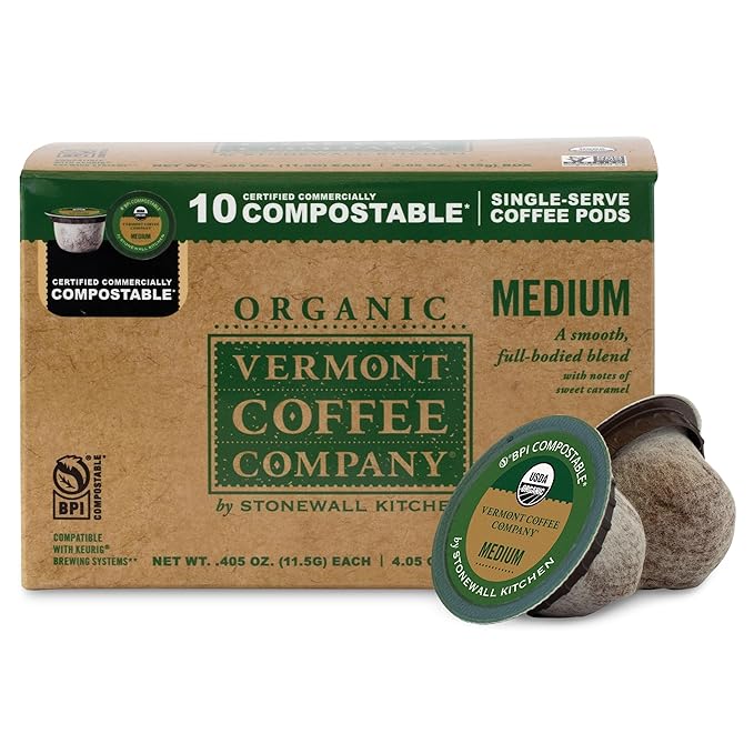Vermont Coffee Company, Organic Medium Roast, Single-Serve Organic Compostable Coffee Pods, 10CT, Compatible with Most Kcups Brewing Systems, Made in the USA