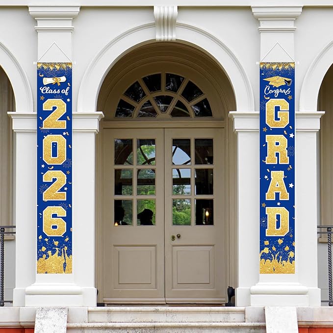2026 Graduation Party Decorations - Blue Gold Class of 2026 Congrats Grad Porch Sign Banner Hanging Flag Graduation Party Supplies for School College Classroom Decor