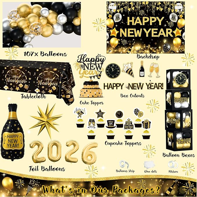 New Year Party Decorations 2026, Happy New Year's Eve Party Supplies Kit, 2026 Gold Black New Year Party Decor with Bckdrop Balloon Garland Tablecloth Balloon Boxes for 2026 Year Party