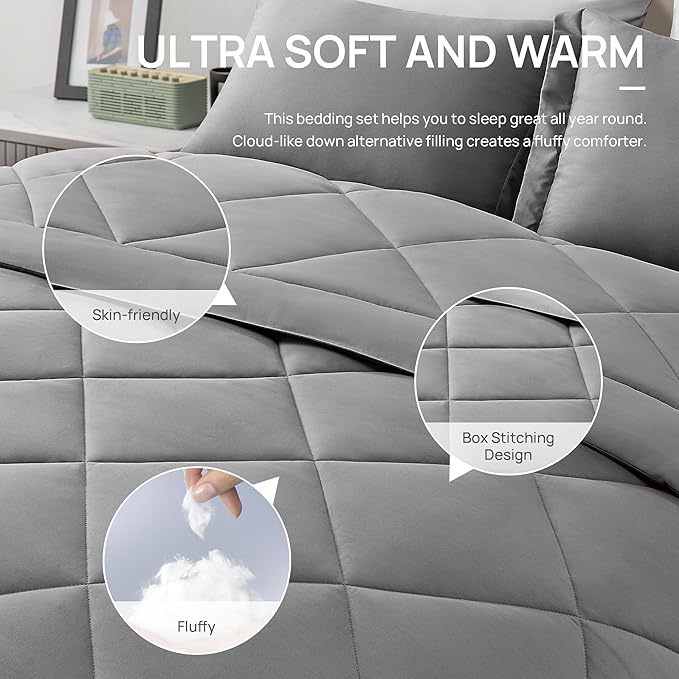 Love's cabin Twin XL Comforter Set Grey, 5 Pieces Twin XL Bed in a Bag, All Season Bedding Sets with 1 Comforter, 1 Flat Sheet, 1 Fitted Sheet, 1 Pillowcase and 1 Pillow Sham | Soft, Breathable, Lightweight, Comfortable