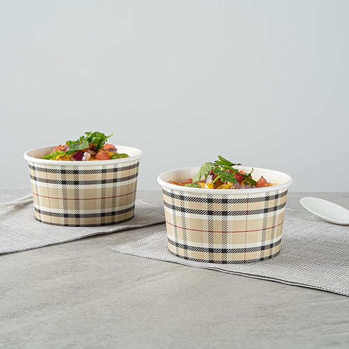 Coppetta 8 Ounce Dessert Cups, 80 Disposable Ice Cream Cups - Lids Sold Separately, Sturdy, Plaid Paper FroYo Bowls, For Hot And Cold Foods, Perfect For Gelato Or Mousse - Restaurantware