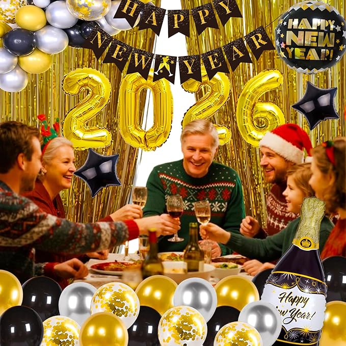 New Years Decorations 2026 Kit, Happy New Years Eve Party Supplies 2026, New Year Balloon Party Set with 2026 Foil Balloons, Happy-New-Year Banner, Fringe Curtain for 2026-New-Year Decoration