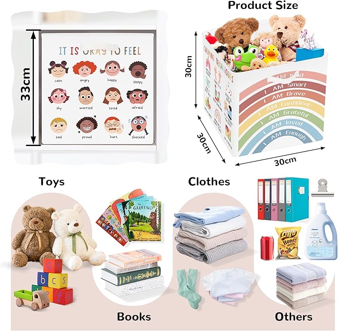 Clastyle Learning Education Kid Storage Basket Set Rainbow Inspiration Words Foldable Closet Clothes Organizer Nursery Toddler Toy Bin BoyGirl Book Shelf Basket