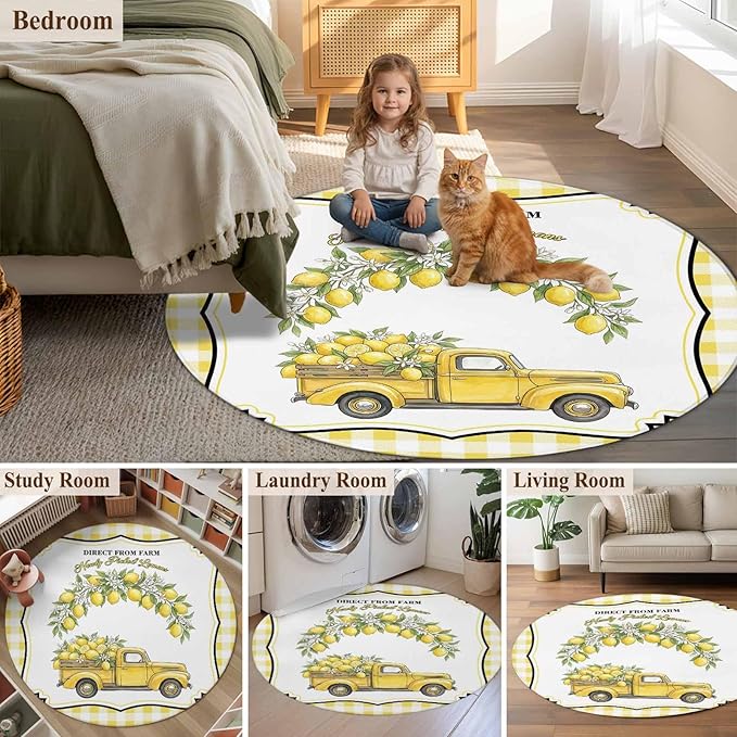 Washable Round Area Rug Farm Yellow Truck Lemon Fruit Circle Rugs Floor Carpet for Living Room Bedroom, Flower Leaves Buffalo Plaid Soft Non Slip Round Rug 5ft