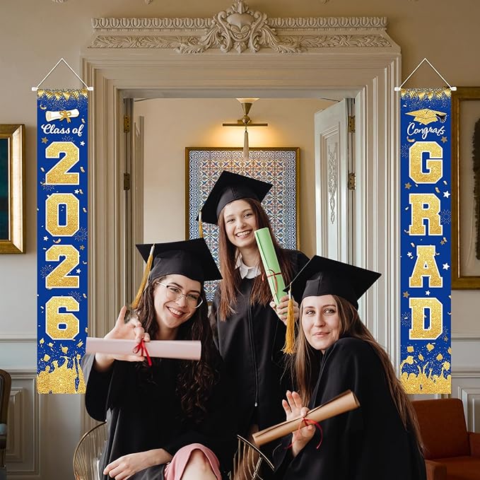 2026 Graduation Party Decorations - Blue Gold Class of 2026 Congrats Grad Porch Sign Banner Hanging Flag Graduation Party Supplies for School College Classroom Decor