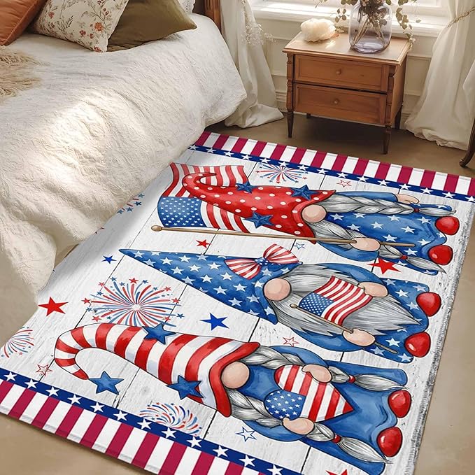 Area Rug 3x5ft, Independence Day USA Flag Star Dwarf Washable Rugs for Living Room Bedroom, Stripes on Wood Grain Soft Non-Slip Area Rugs Rectangle Floor Carpet for Dining Room