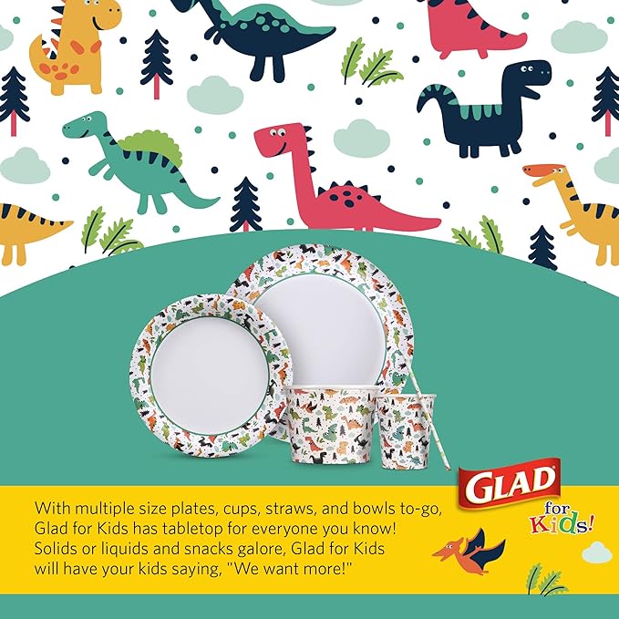 Glad Bowls, Paper, 12 Ounce | Dinosaur Theme | Disposable | With Lids | 40 Count