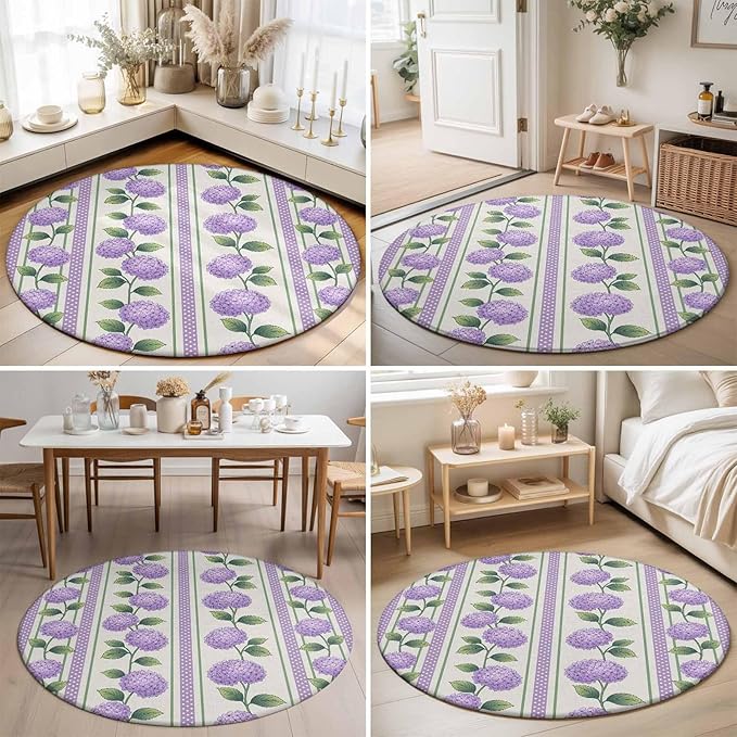 Washable Round Area Rug Watercolor Hydrangea Flower Circle Rugs Floor Carpet for Living Room Bedroom, Spring Floral Leaves on Linen Soft Non Slip Round Rug 5ft
