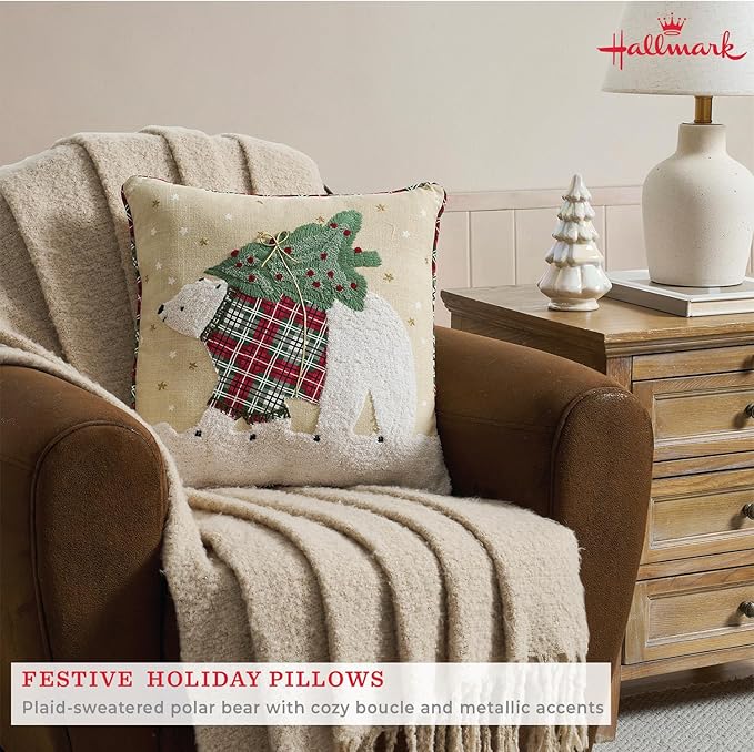 Hallmark - Decorative Throw Pillow for Couch or Bed, Holiday Home Décor, 18" x 18", (Polar Bear, Beige)