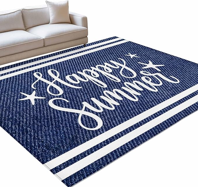 Area Rug 4x6ft, Happy Summer Quote Ocean Starfish Washable Rugs for Living Room Bedroom, Navy Blue Stripe Denim Texture Soft Non-Slip Area Rugs Rectangle Floor Carpet for Dining Room