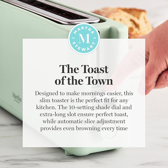Martha Stewart 2 Slice Long Slot Toaster, Extra Wide for Sourdough & Bagels, 10 Setting Shade Control, Removable Crumb Tray, Self-Centering Design, Defrost/Reheat, Cancel, Slim Space-Saving, Honeydew