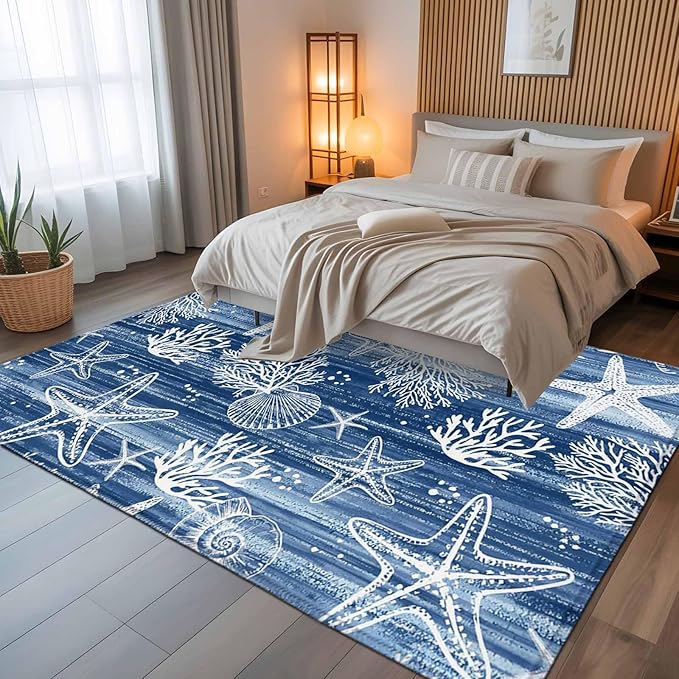 Navy Blue Coastal 5x8 Area Rugs, Ocean Coral Starfish Non-Skid Rubber Backing Large Rectangle Rugs - Living Room Bedroom Home Office, Summer Beach Indoor Floor Mat Carpets Washable Rug
