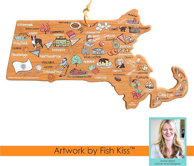 Totally Bamboo Massachusetts State Shaped Cutting Board and Charcuterie Serving Platter with Artwork by Fish Kiss, Includes Hang Tie for Wall Display