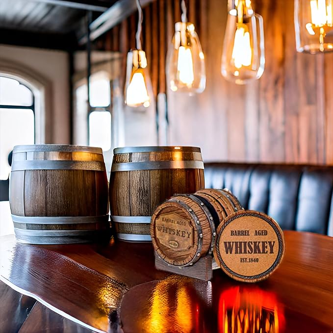 Pine Ridge 5pcs 1840 Aged Whiskey Barrel Drink Coaster Set with Holder - Rustic Bar Coasters for Whiskey Table & Bourbon Room - Unique Bar Accessories for Man Cave - Beer & Whiskey Glass Coaster