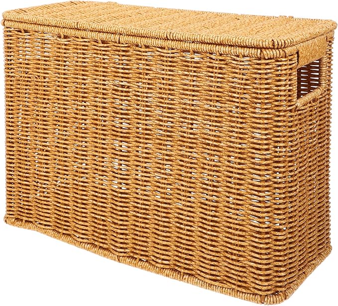 Hemoton Woven Basket Storage Organizer with Lid and Handle 15 Inch Narrow Tall Container for Home Toys Magazines and Sundries