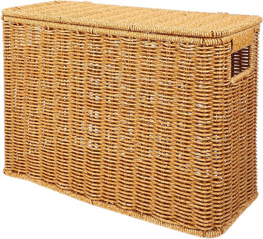 Hemoton Woven Basket Storage Organizer with Lid and Handle 15 Inch Narrow Tall Container for Home Toys Magazines and Sundries