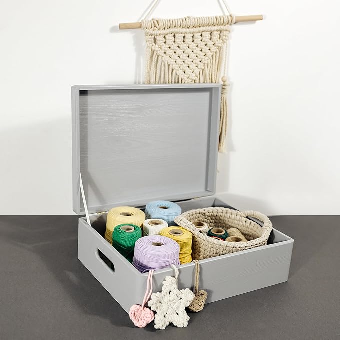 Creative Deco XL Gray Wooden Box Storage with Hinged Lid | 15.8x11.8x5.5in (+-0.5) | Keepsake with Handles | Gift Box for Tool Dog Toy Kitchen Storage | Wood Chest Trunk