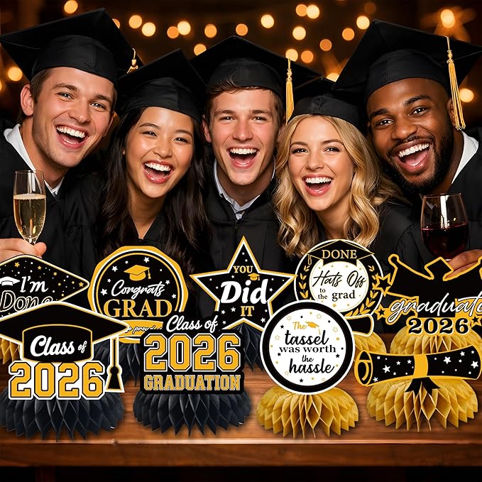 Graduation Decorations 2026 - Black Gold Graduation Honeycomb for Table Centerpiece | Graduation Party Decorations Class of 2026,Table Toppers for Graduation Party Favors Supplies Indoor Outdoor