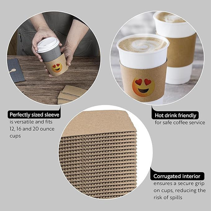 Restaurantware SLEEVES ONLY: Restpresso 5.1 x 2.8 Inch Coffee Cup Sleeves 50 Corrugated Hot Cup Sleeves - Heart-Eye Emoji Heat-Tolerant Kraft Paper Disposable Coffee Sleeves Secure Grip